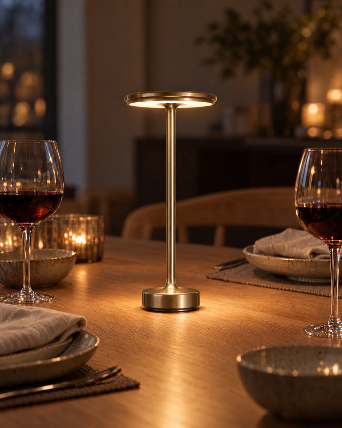Gold cordless lamp on an oak dinner table with wine
