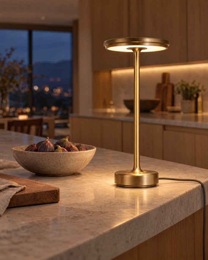 Gold XL table lamp on a marble kitchen island