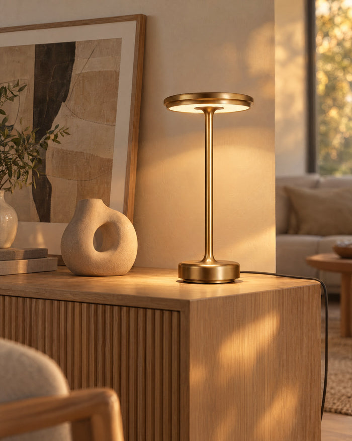 Gold XL table lamp on a fluted oak sideboard