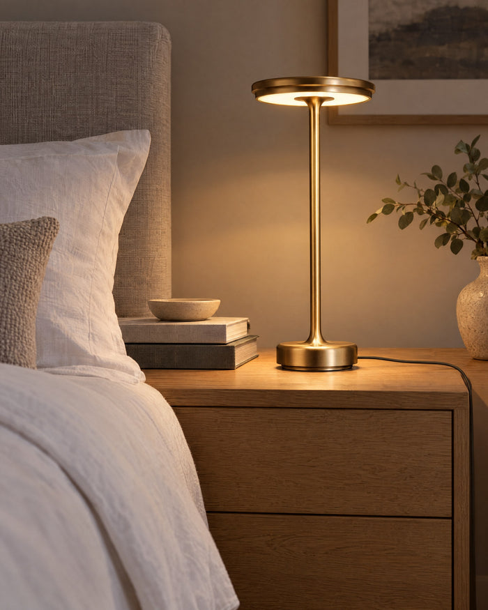 Gold XL table lamp on an oak bedside chest