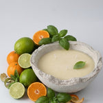 Bowl of creamy dessert with citrus fruits and basil leaves on a white background