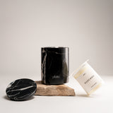 Black Marquina Marble Candle Set by pluto., hand-poured soy wax candle in natural Black Marquina marble vessel, Dubai