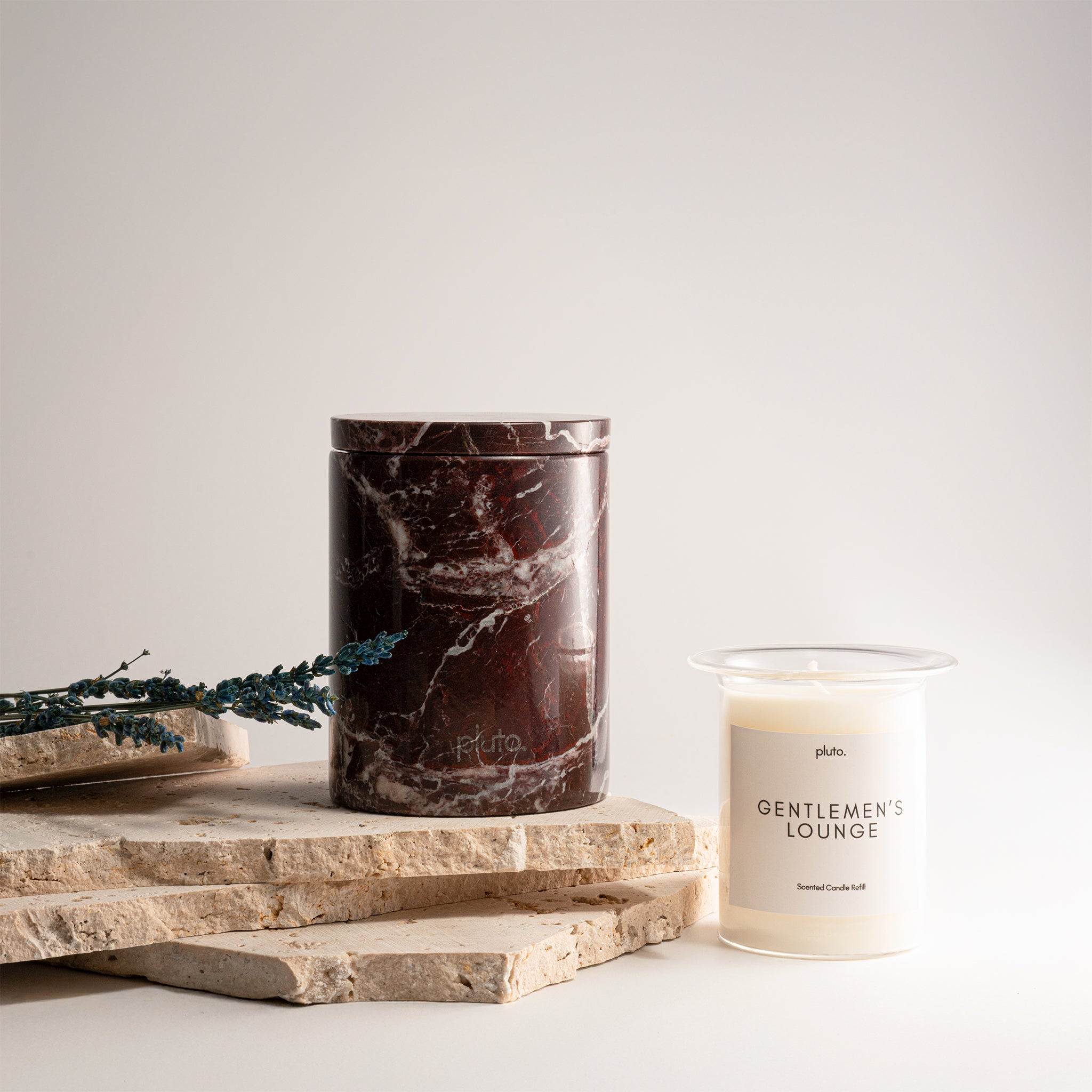 Rosso Levanto marble candle set by pluto., hand-poured soy wax candle in natural Rosso Levanto marble vessel, Dubai