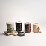 Emerald Green marble candle vessel close-up, refillable soy wax candle, pluto. Dubai