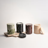 Emerald Green marble candle vessel close-up, refillable soy wax candle, pluto. Dubai