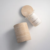 Travertine marble candle set by pluto., hand-poured soy wax candle in natural Travertine marble vessel, Dubai