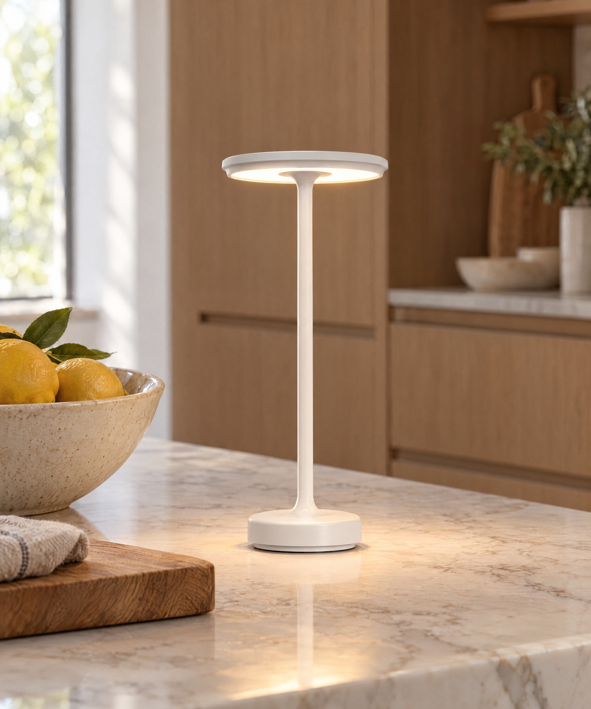 White cordless lamp on a marble kitchen island