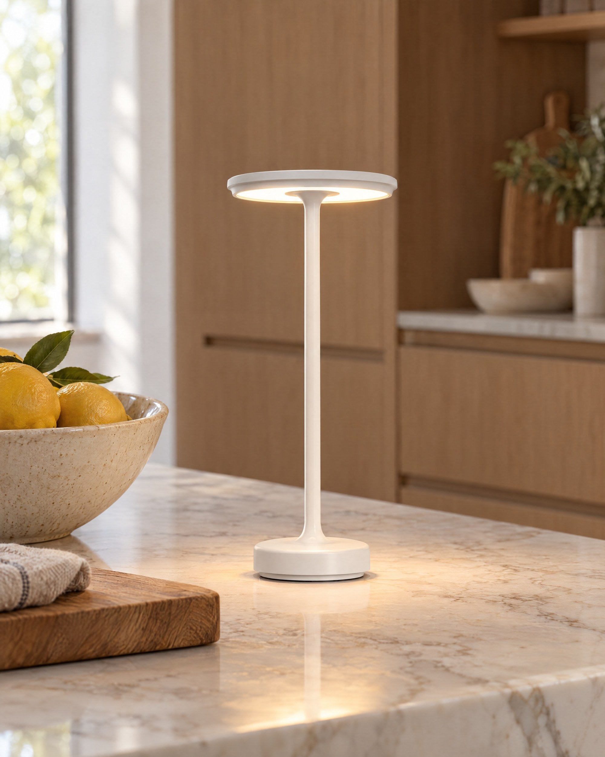 White cordless lamp on a marble kitchen island