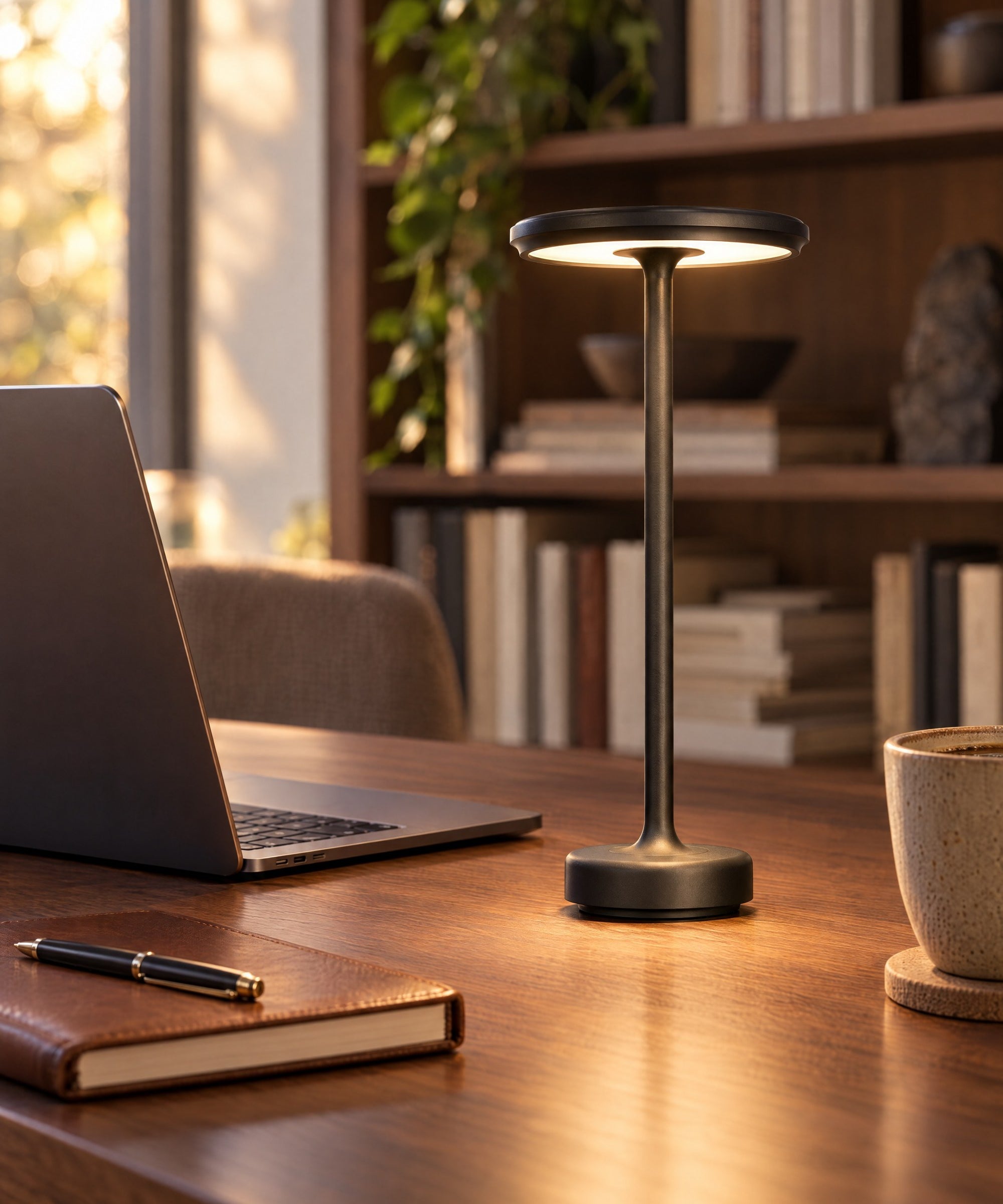 Black cordless lamp on a walnut work desk