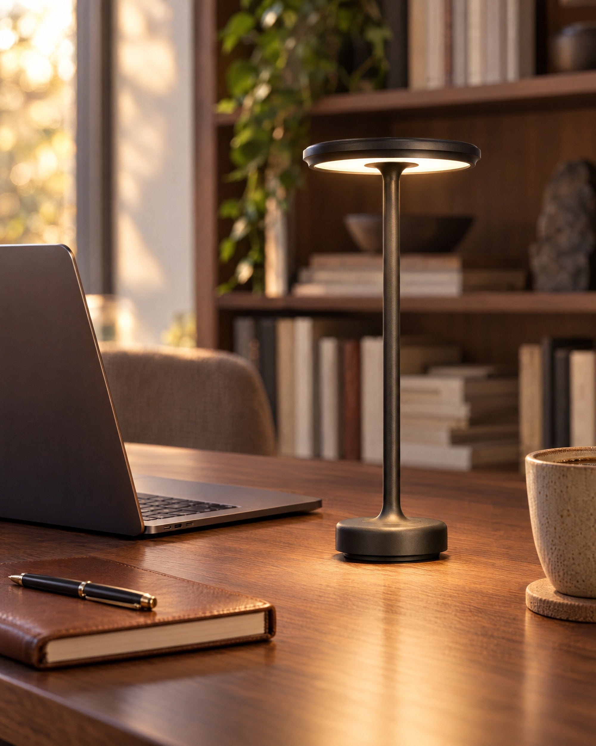 Black cordless lamp on a walnut work desk