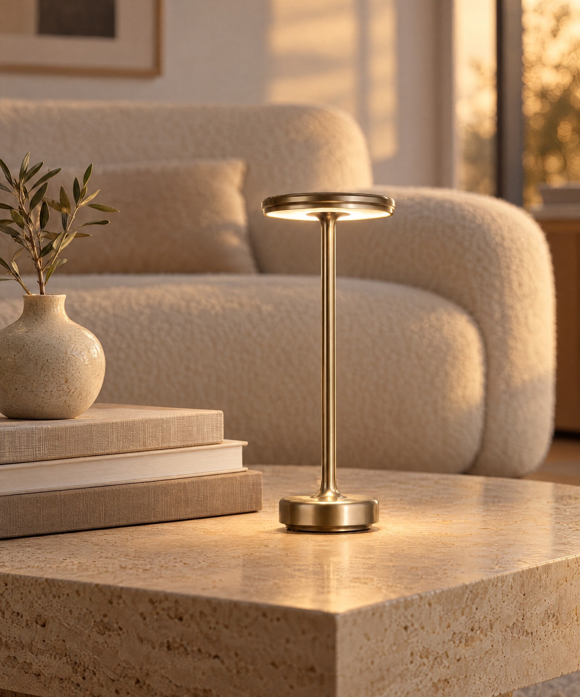 Gold cordless lamp glowing on a travertine coffee table