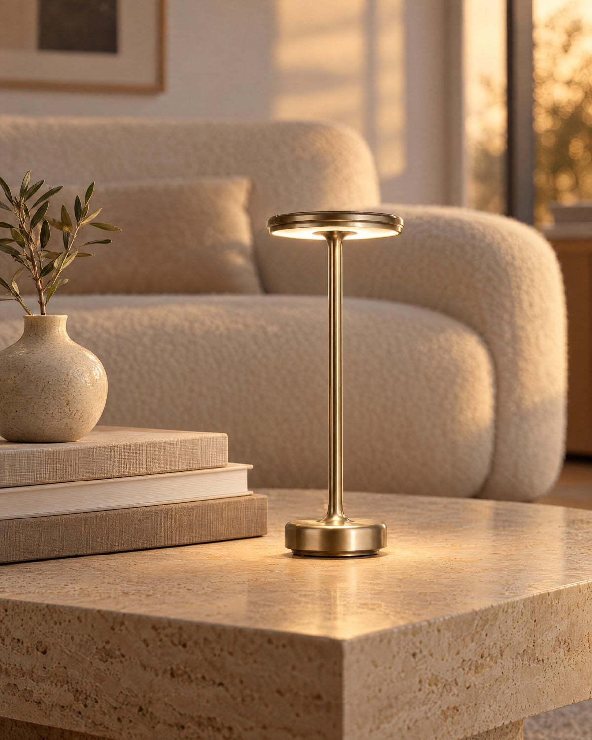 Gold cordless lamp glowing on a travertine coffee table