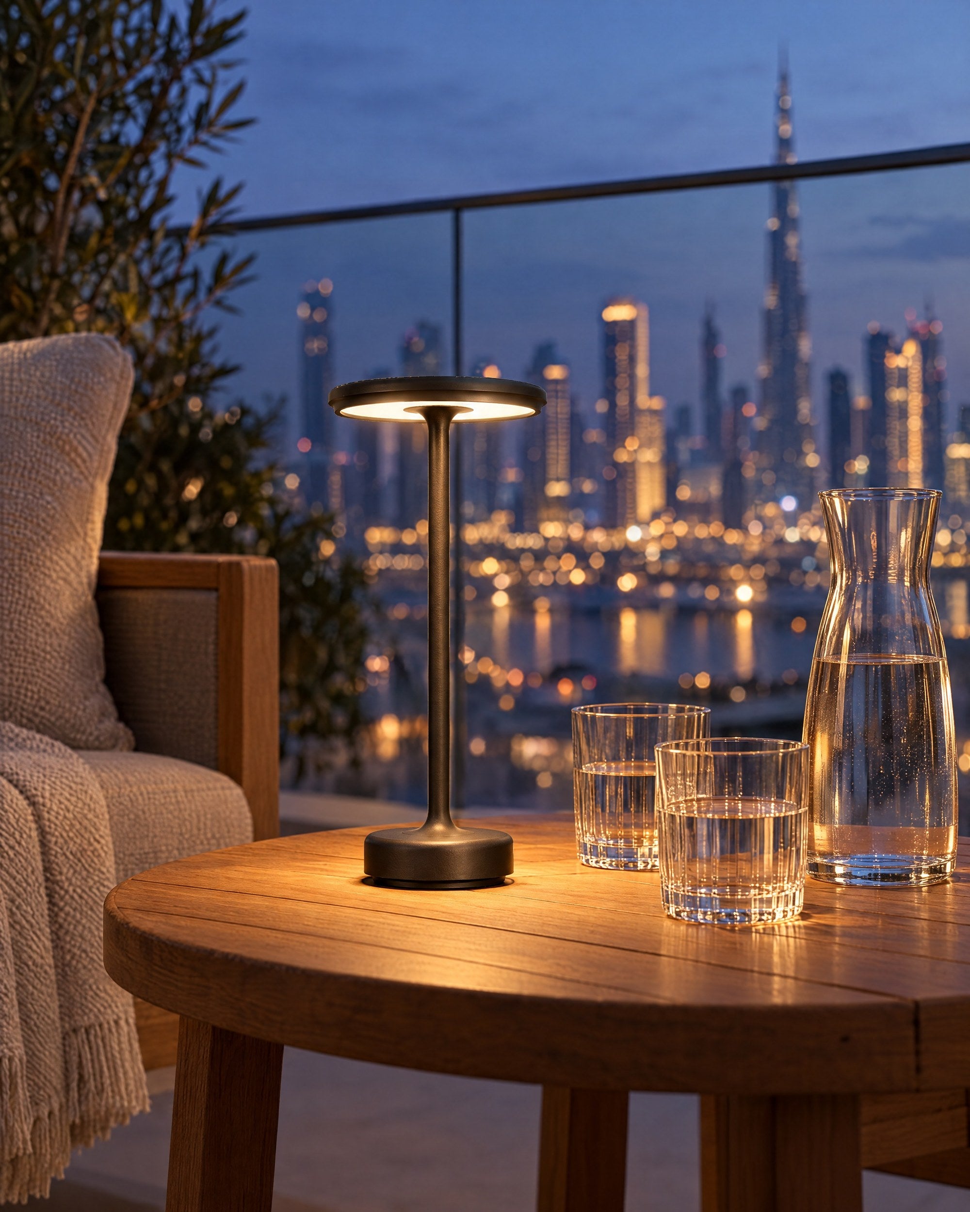 Black cordless lamp on a Dubai balcony at blue hour