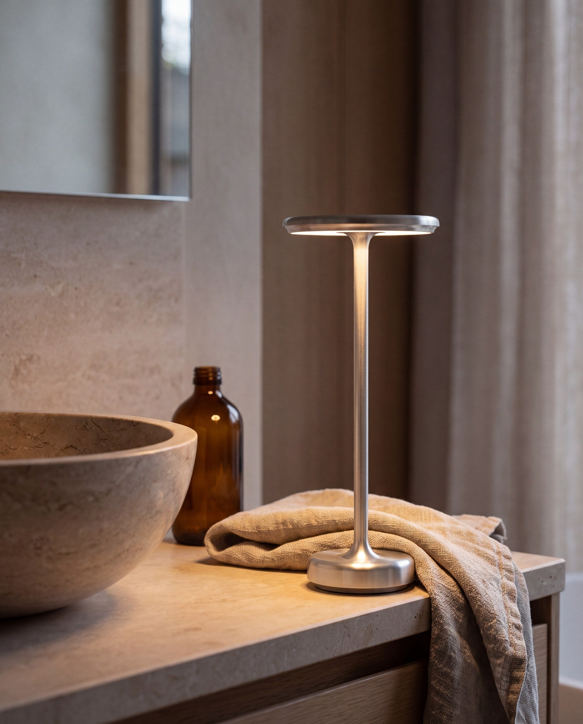 Silver cordless lamp on a limestone bathroom vanity