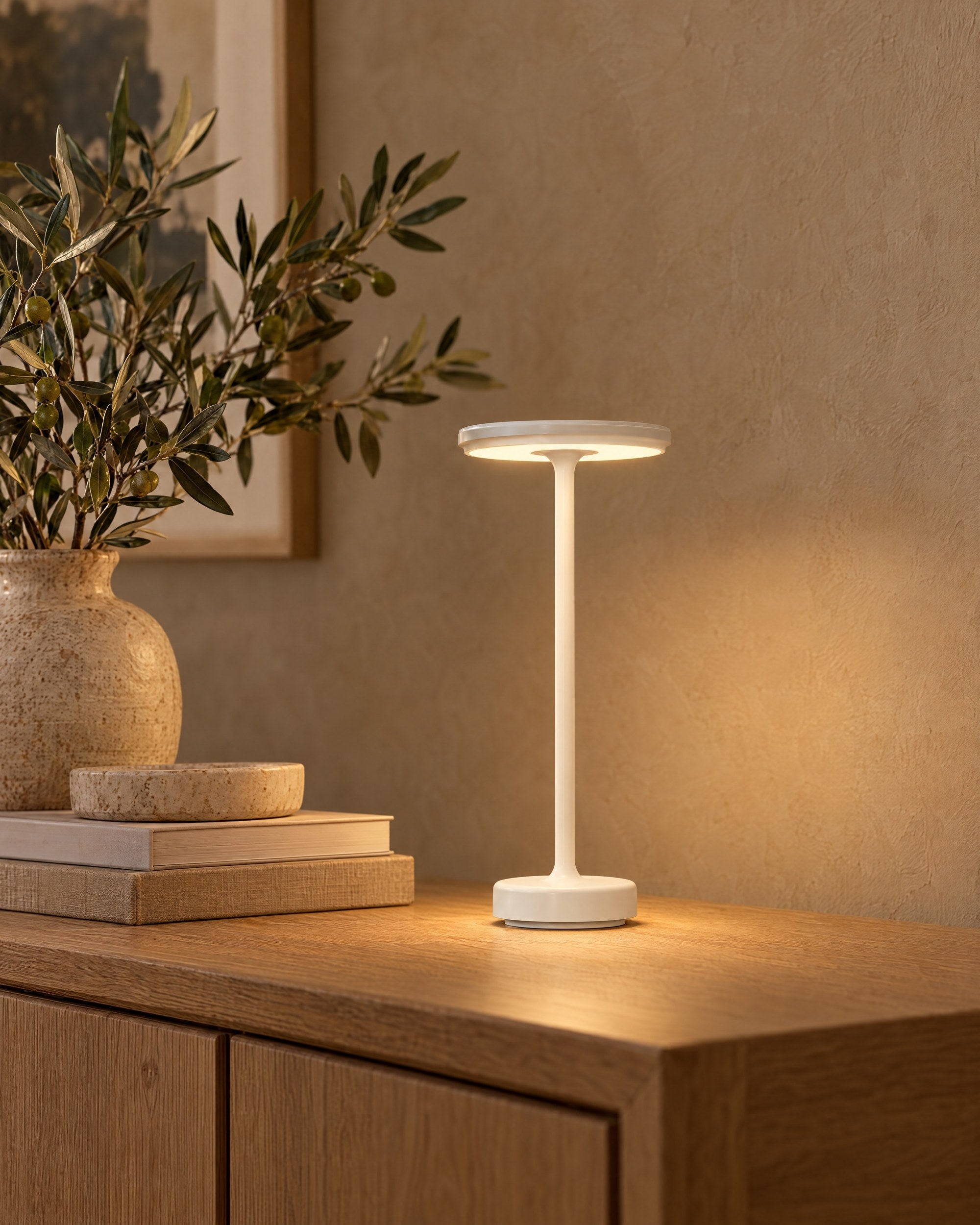White cordless lamp on an oak sideboard