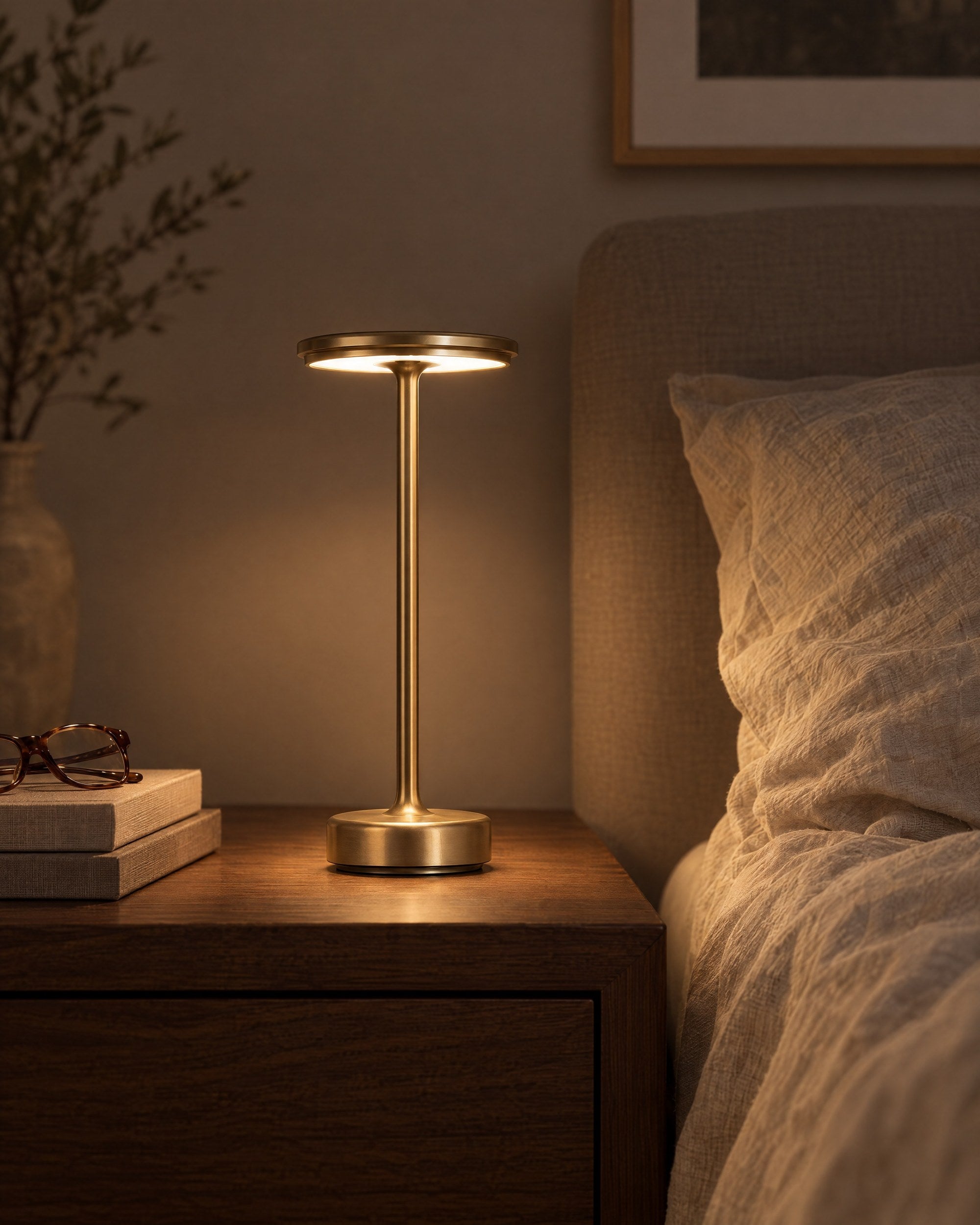 Gold cordless lamp on a walnut nightstand at night