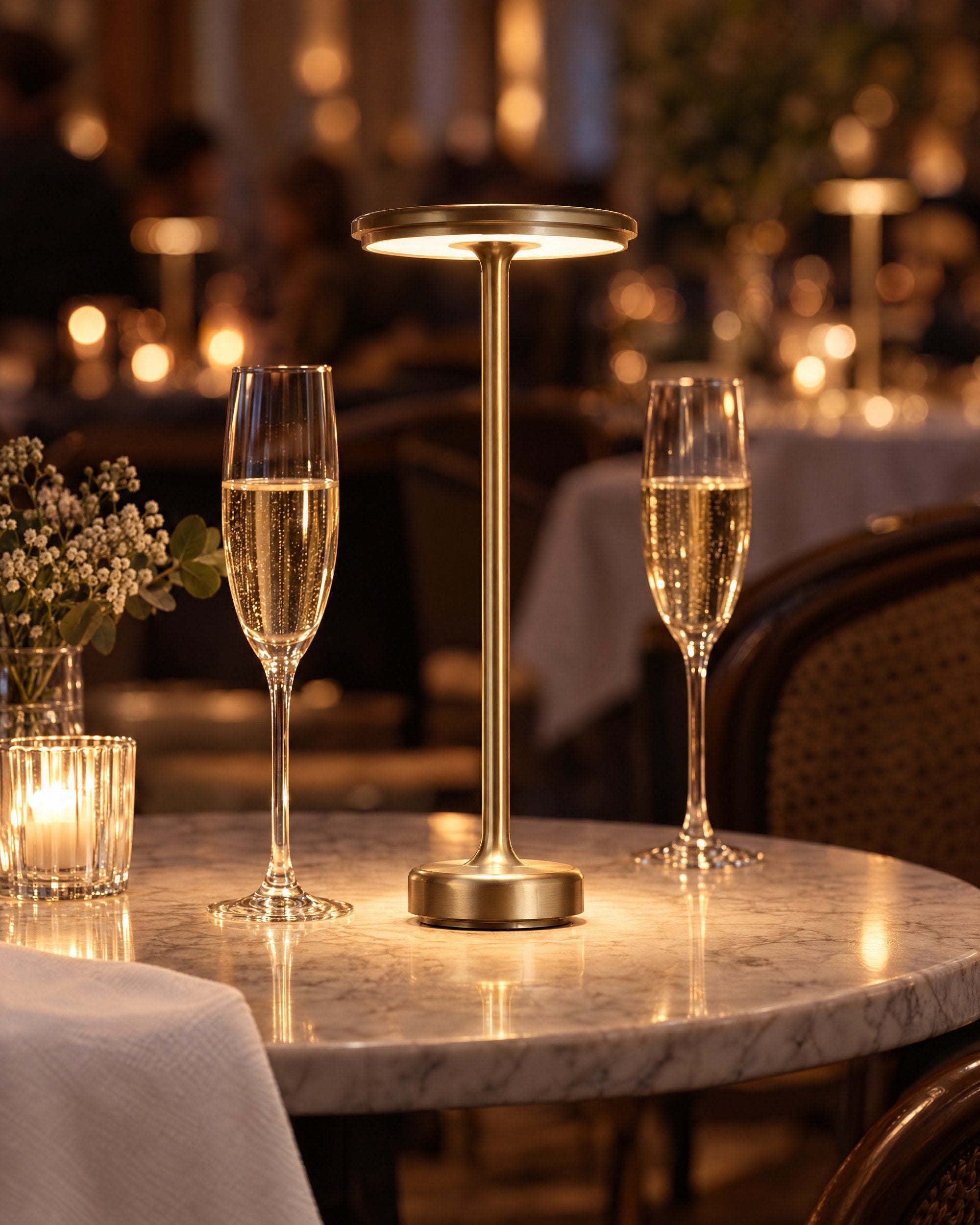 Gold cordless lamp on a restaurant table with champagne