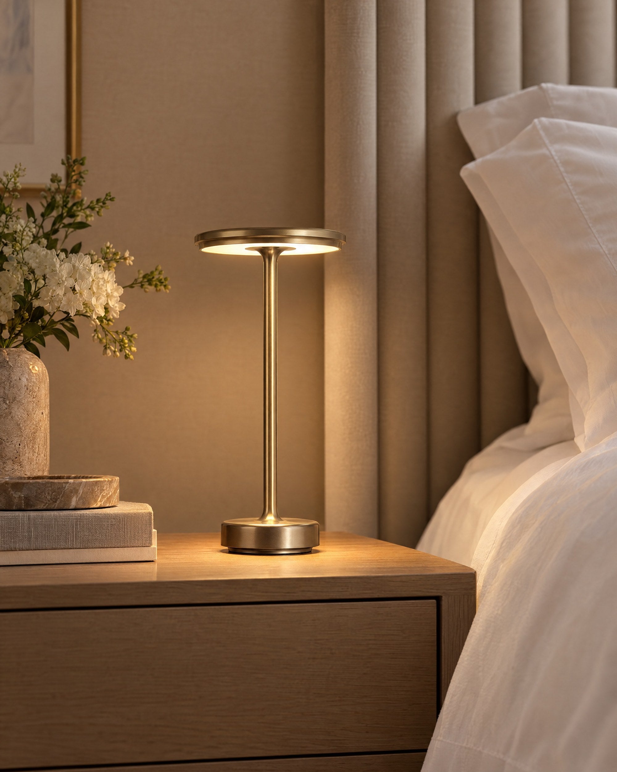 Gold cordless lamp in a luxury hotel suite