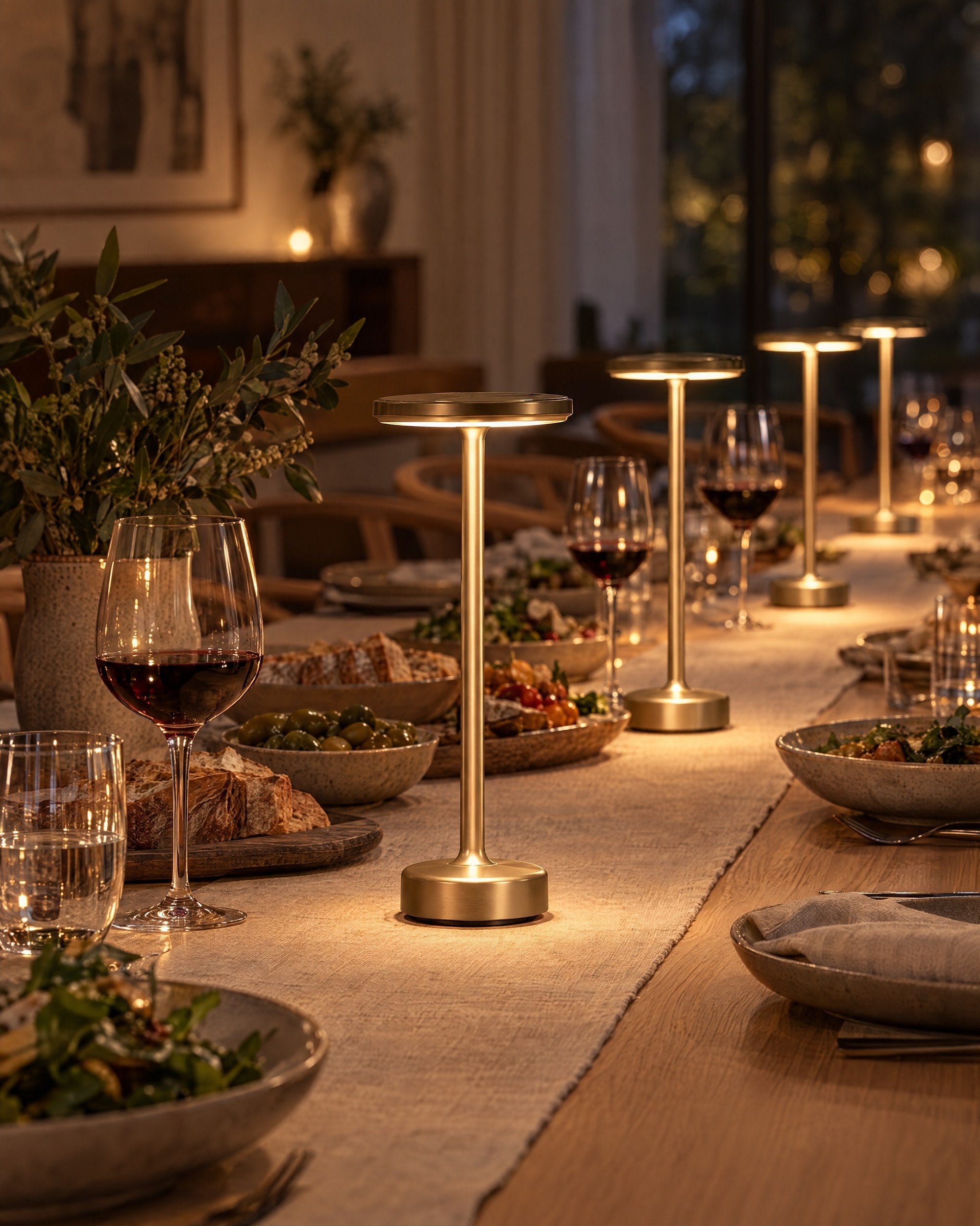 Several gold cordless lamps along a dinner party table