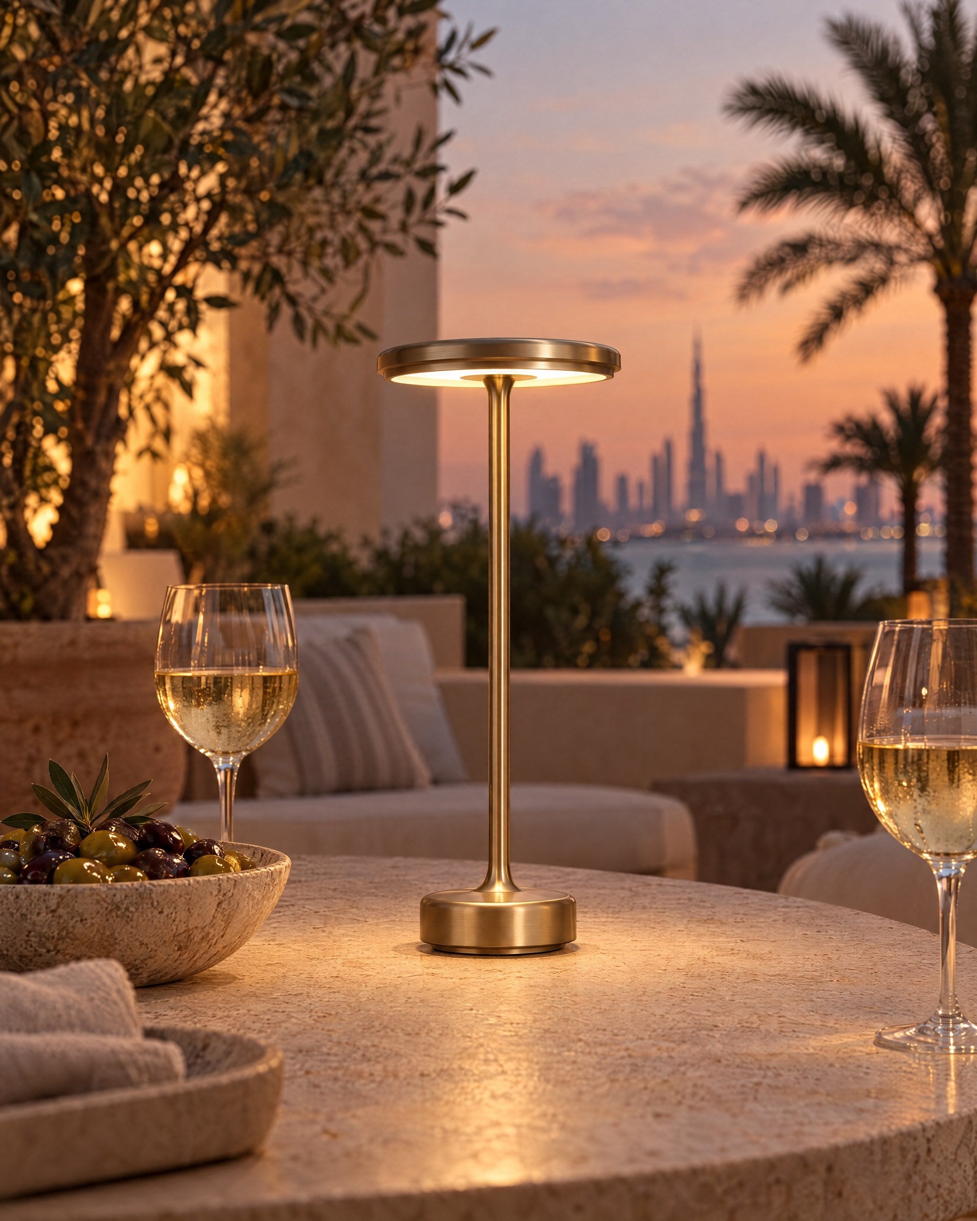 Gold cordless lamp on a Dubai villa terrace at dusk