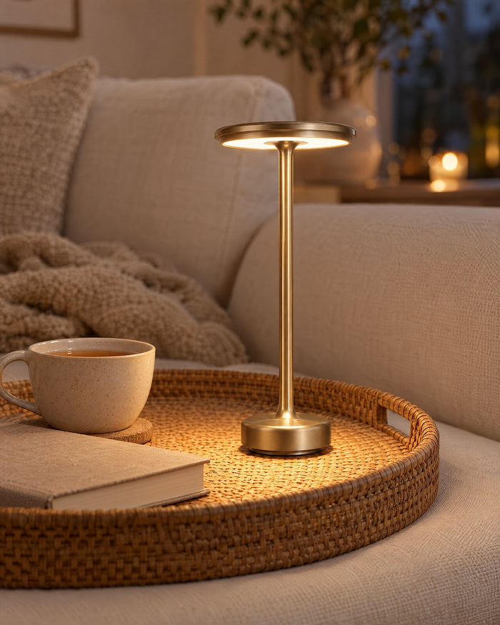 Gold cordless lamp on a rattan tray, portable and cable free
