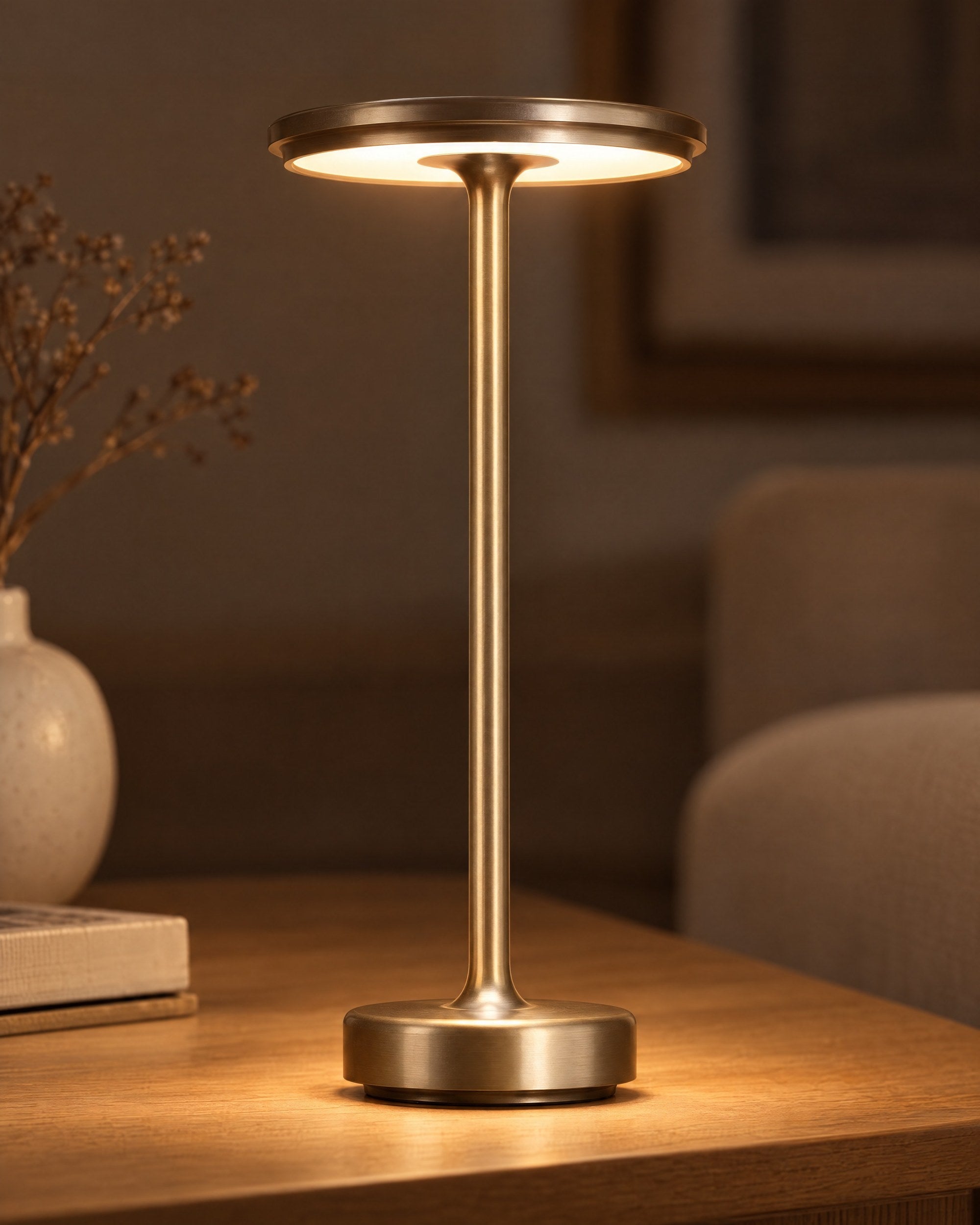Gold cordless lamp warm downward glow detail
