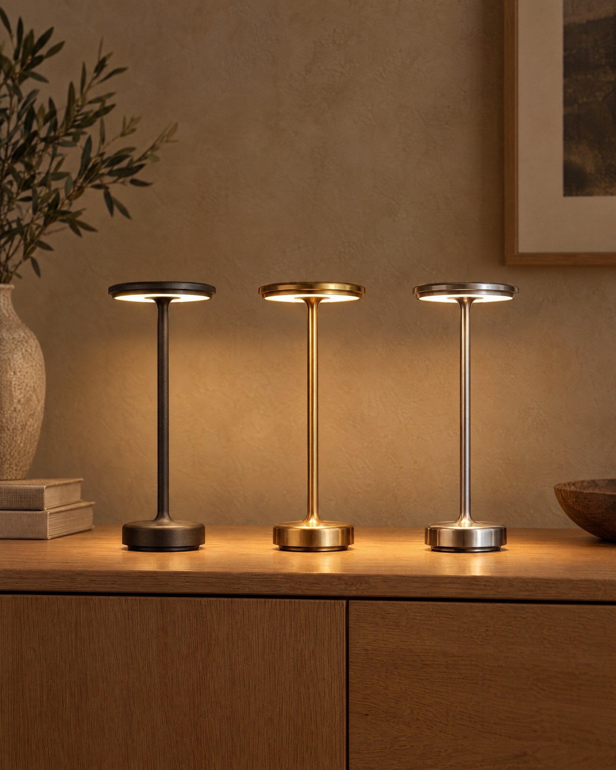Black, gold and silver cordless lamps side by side