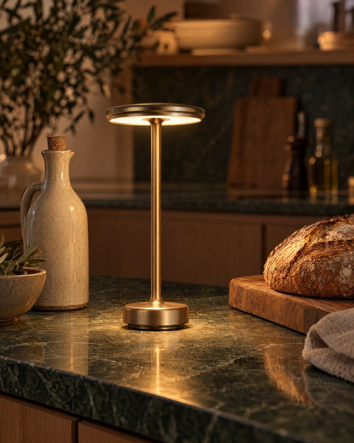 Gold cordless lamp on a green marble kitchen counter