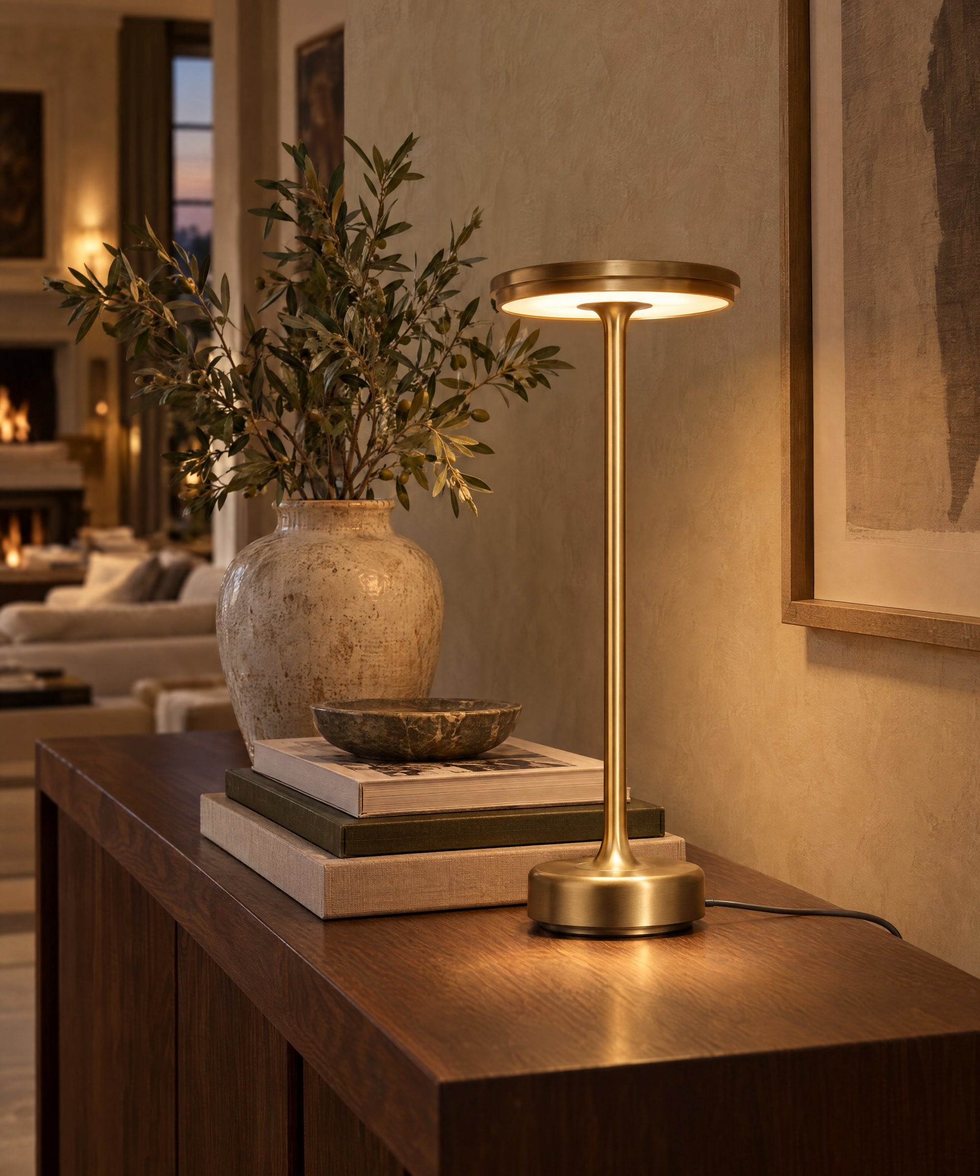 Gold XL table lamp on a long walnut console
