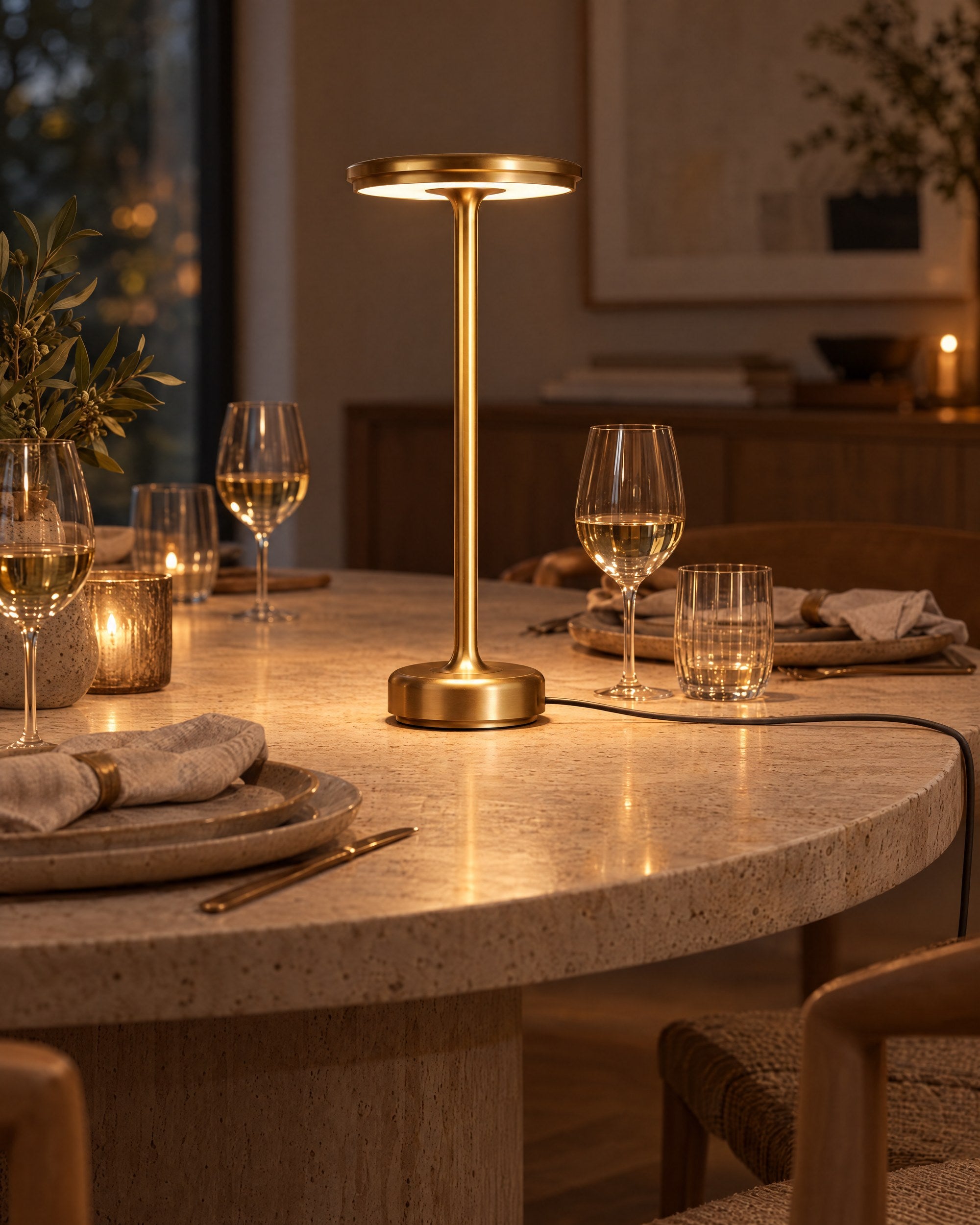 Gold XL table lamp on a travertine dining table