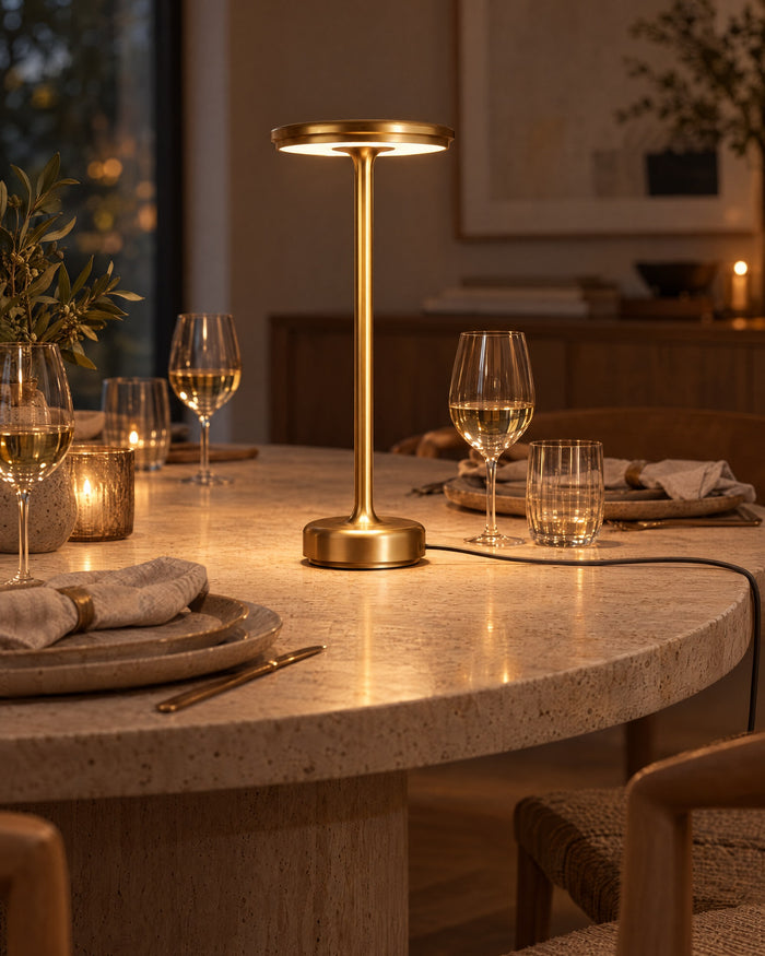 Gold XL table lamp on a travertine dining table