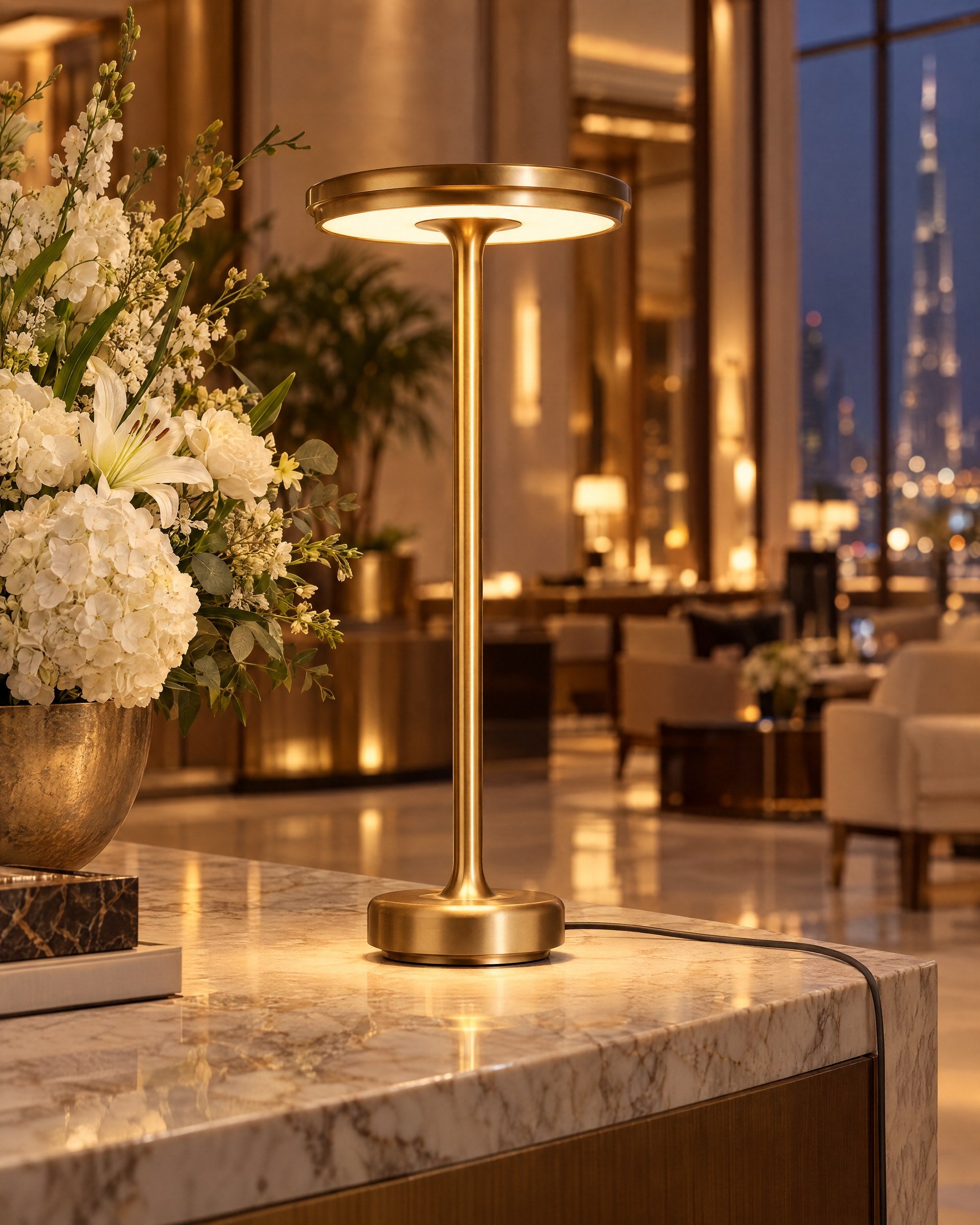 Gold XL table lamp on a hotel lobby console