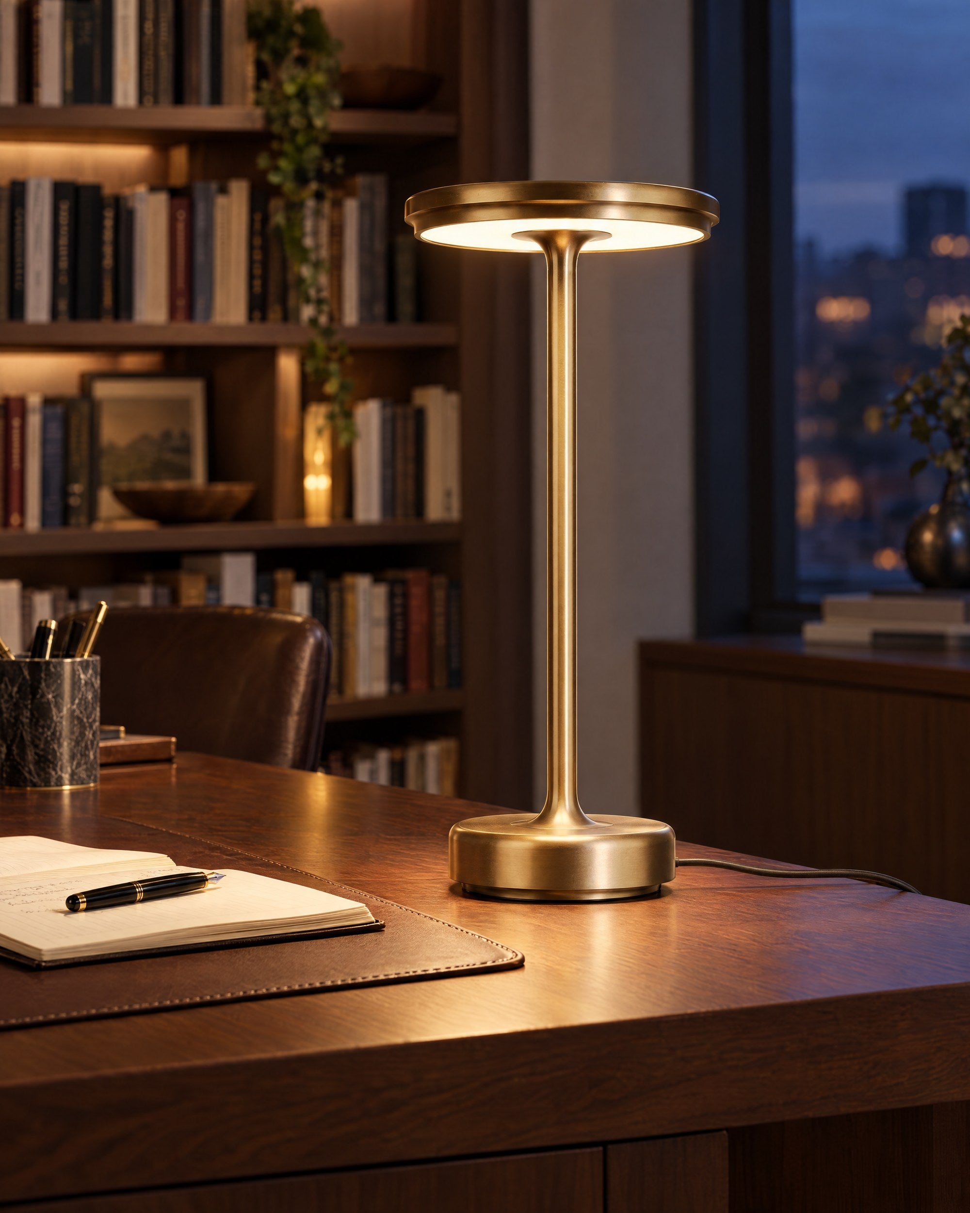 Gold XL table lamp on a walnut study desk