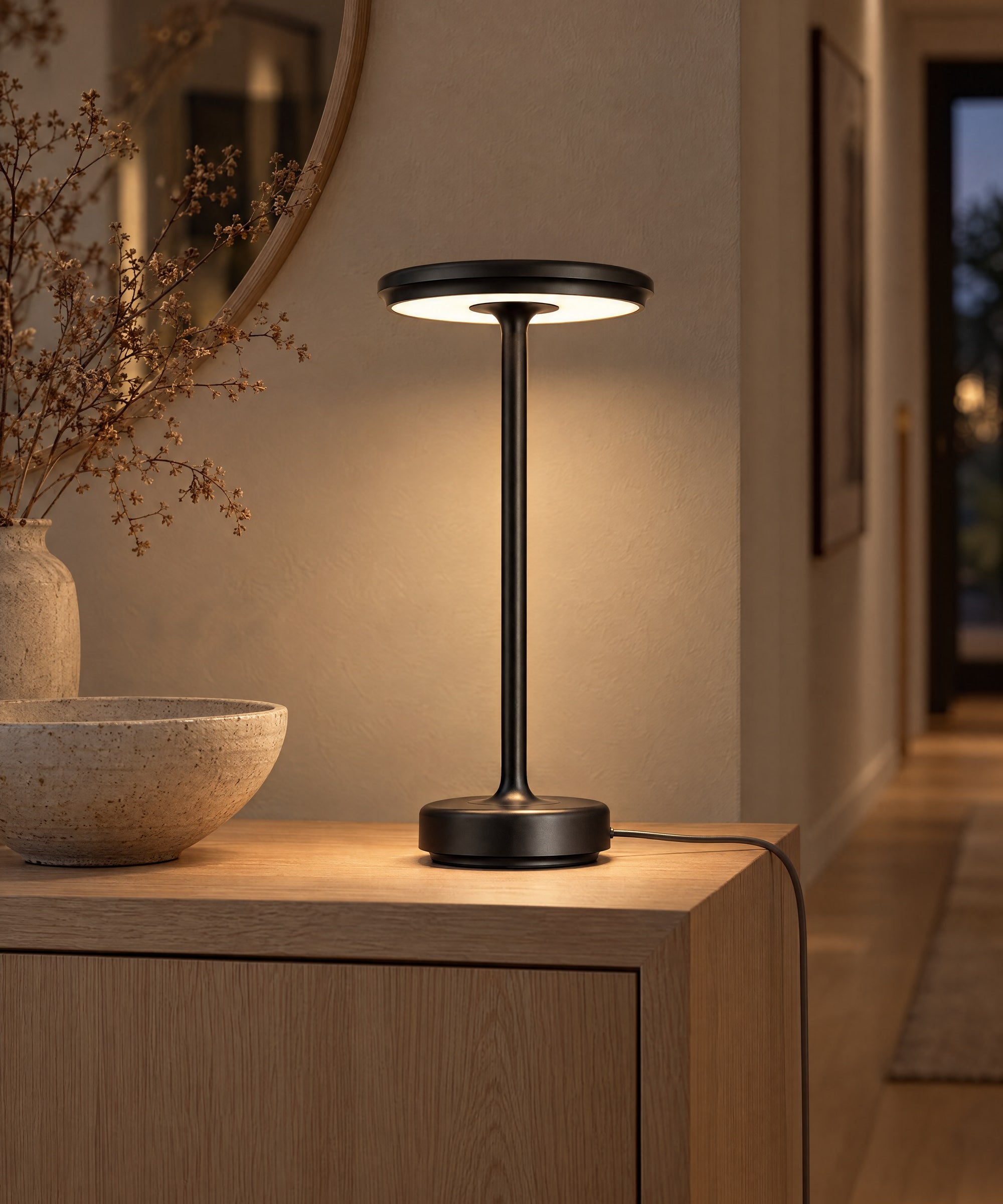 Black XL table lamp on a pale oak hallway console