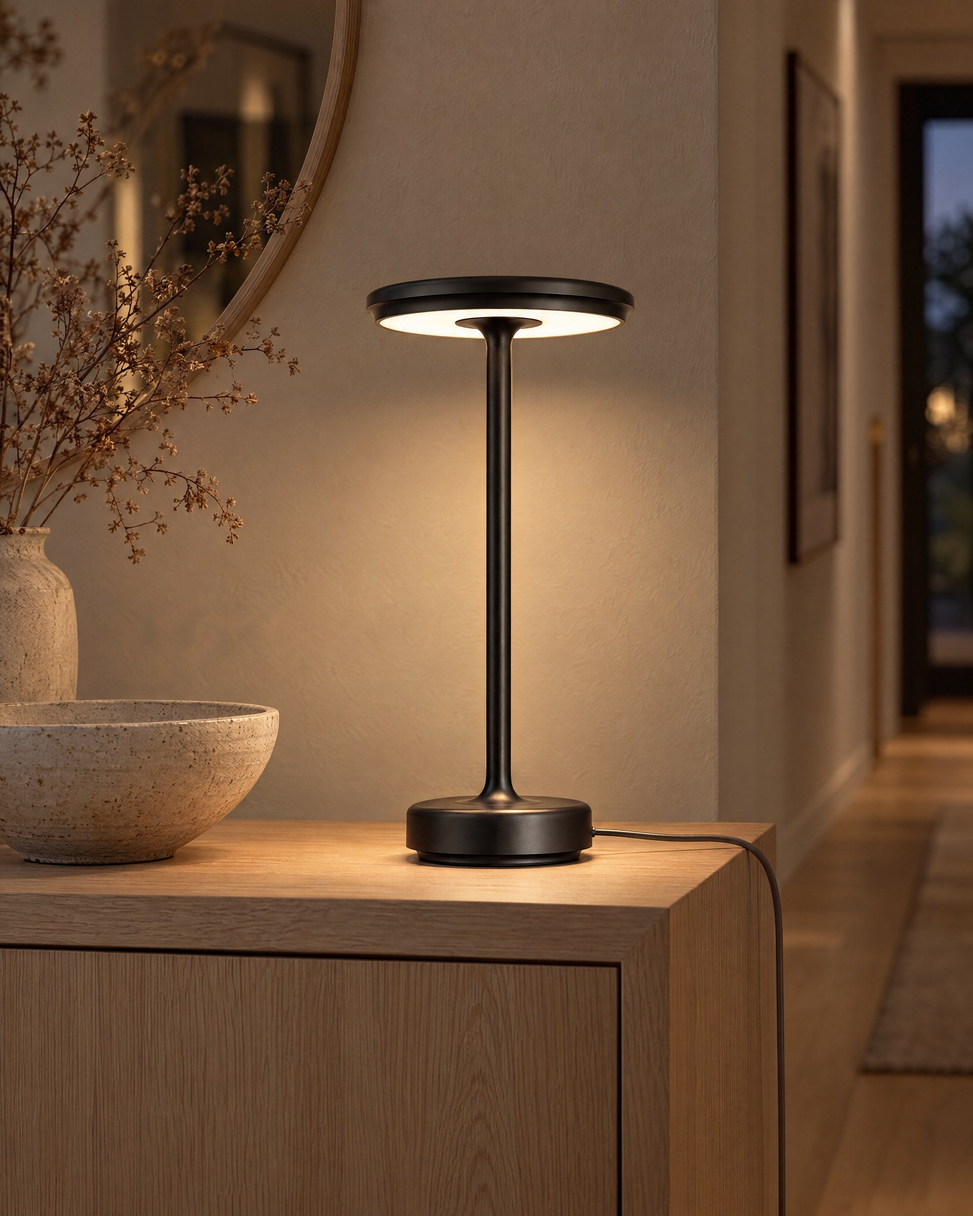 Black XL table lamp on a pale oak hallway console