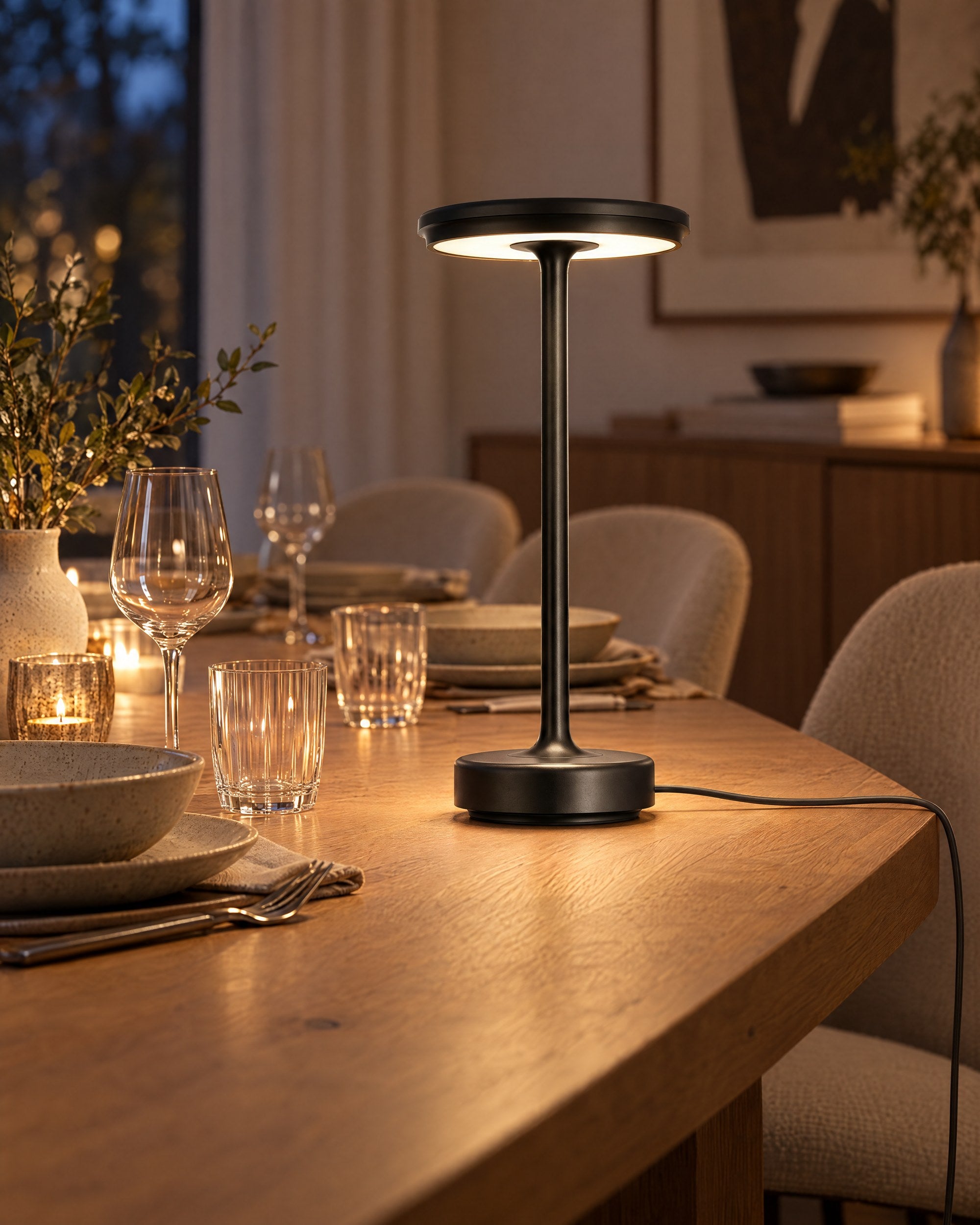 Black XL table lamp on an oak dining table