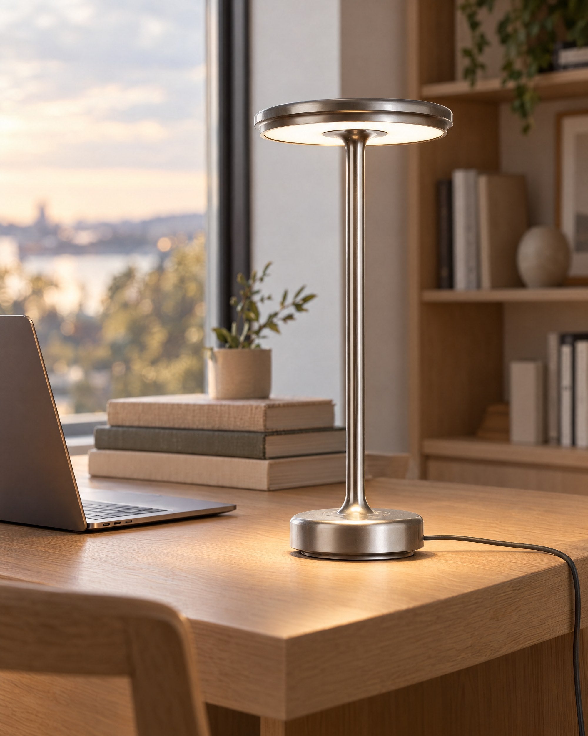 Silver XL table lamp on a white oak desk