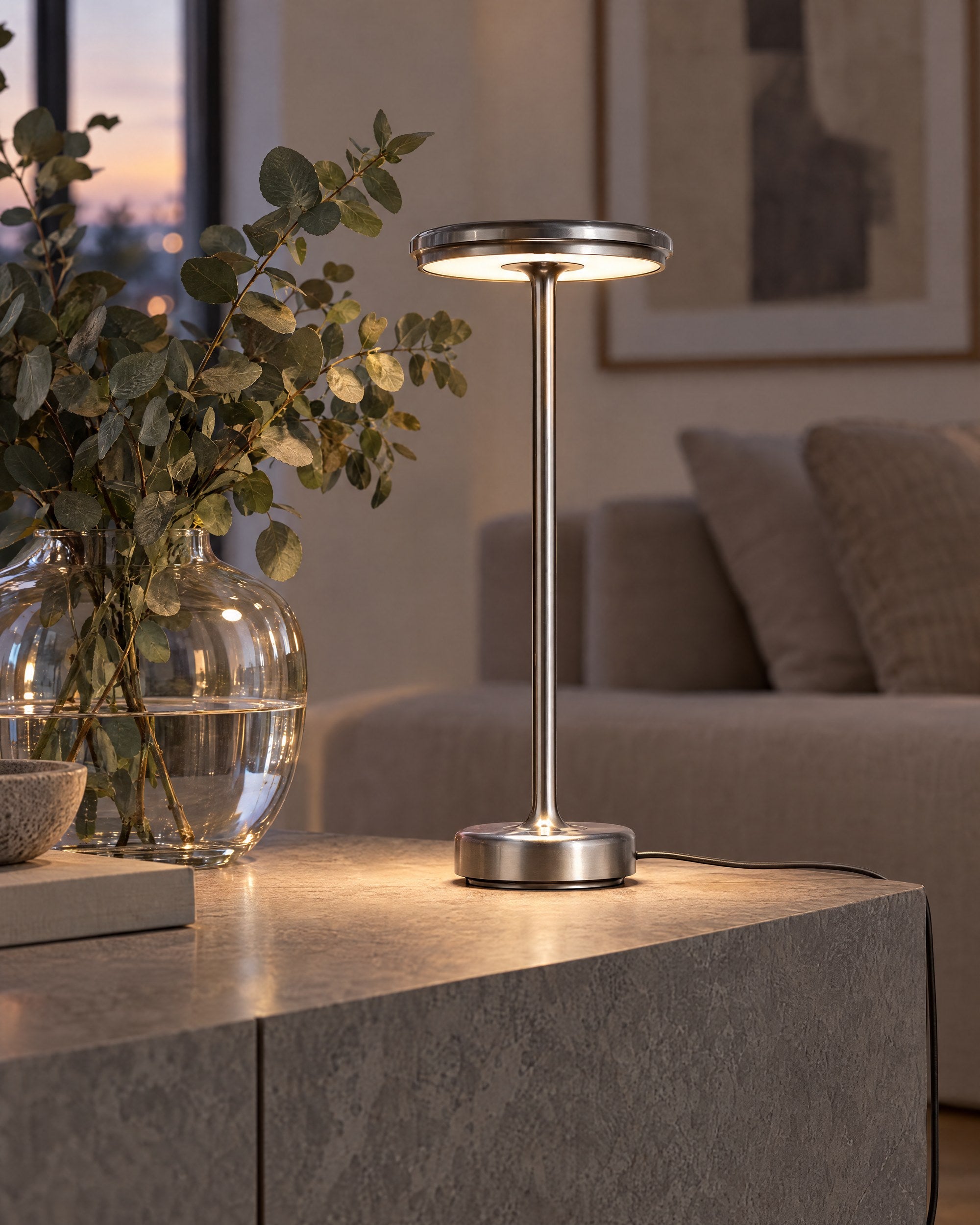 Silver XL table lamp on a stone sideboard