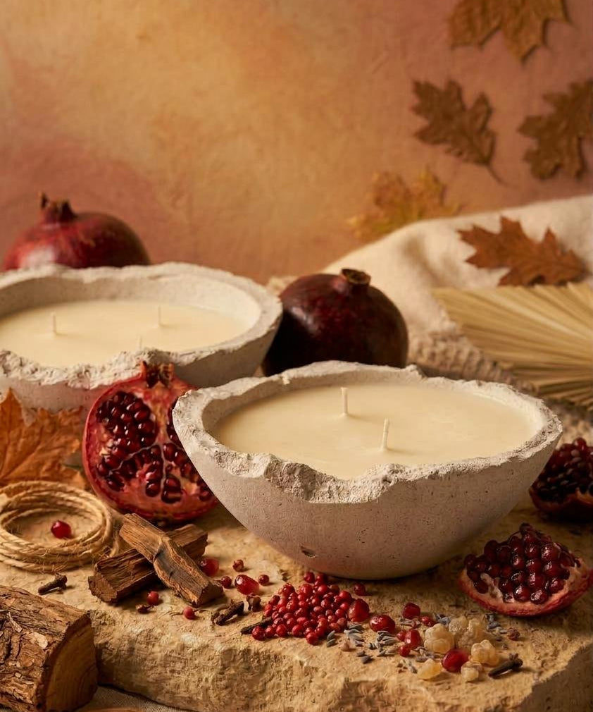 Velvet Pomegranate Eries bowl candles with pomegranates and autumn leaves