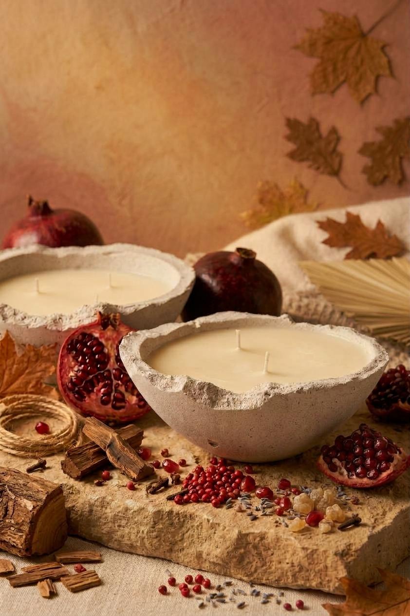Velvet Pomegranate Eries bowl candles with pomegranates and autumn leaves